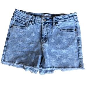 Judy Blue Shorts Womens Large Blue Star Print Denim Raw Hem Distressed July 4th